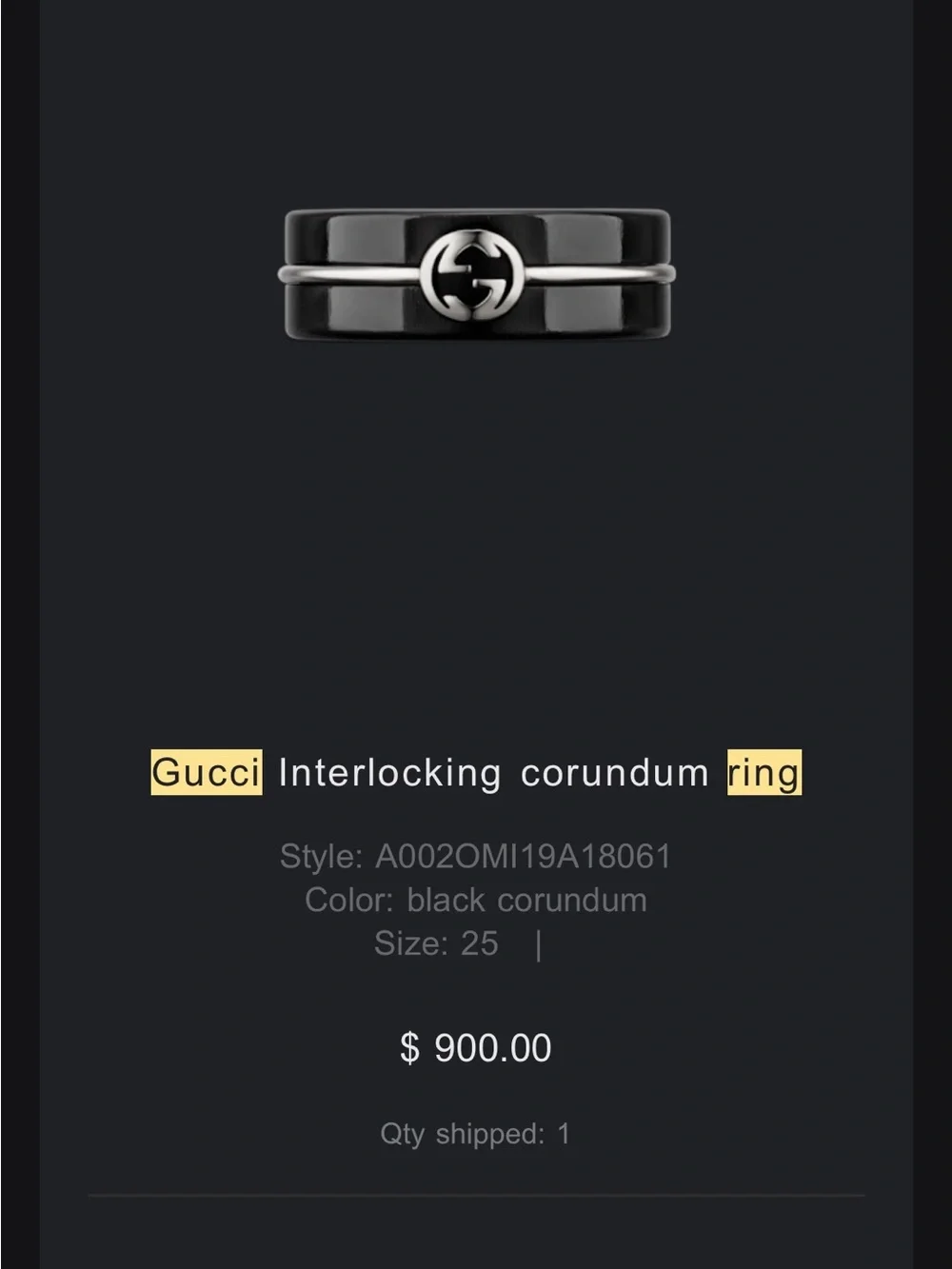 Gucci Black Ceramic Ring with Gold Double G Accent